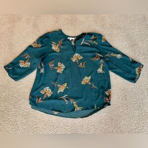 Teal Floral Split Neck Top